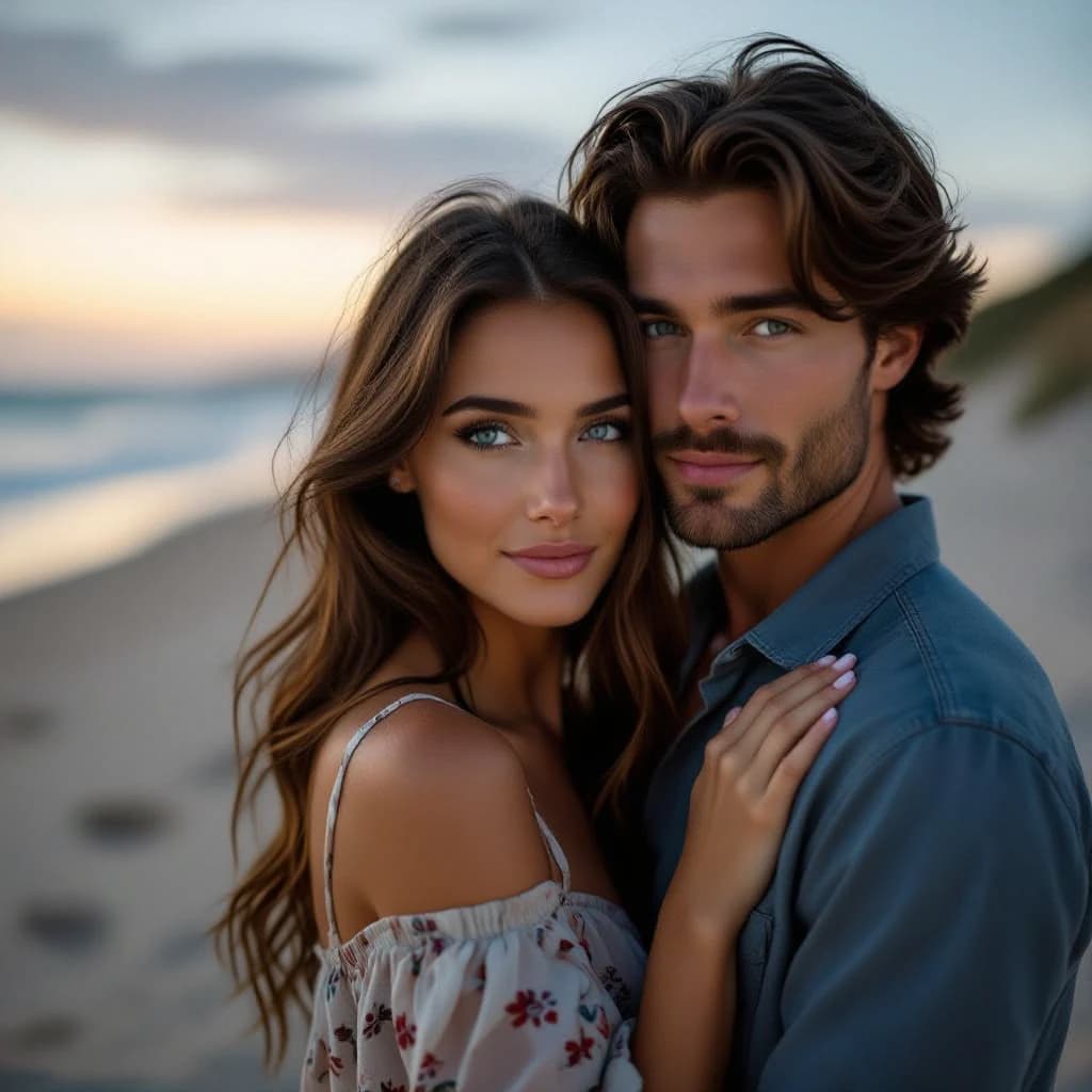 A woman with long brown hair and bright blue eyes gazes contentedly at her