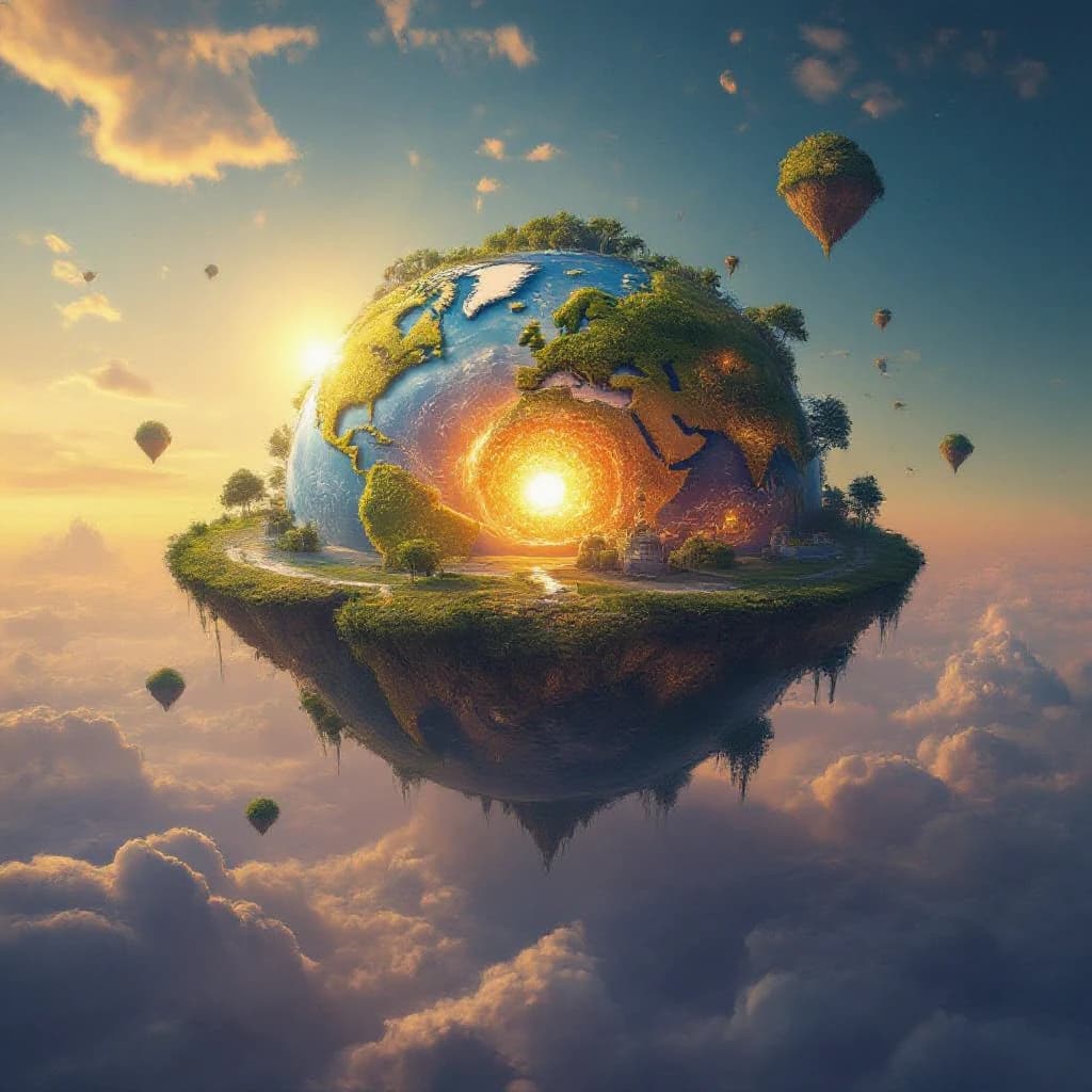 A sphere of floating islands orbiting a glowing sun core