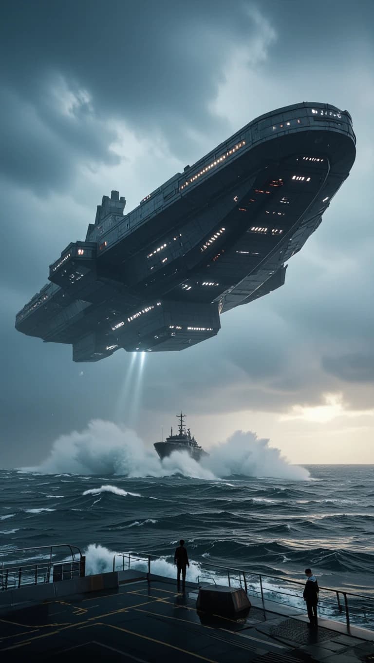 A massive alien ship hovering silently above an ocean storm