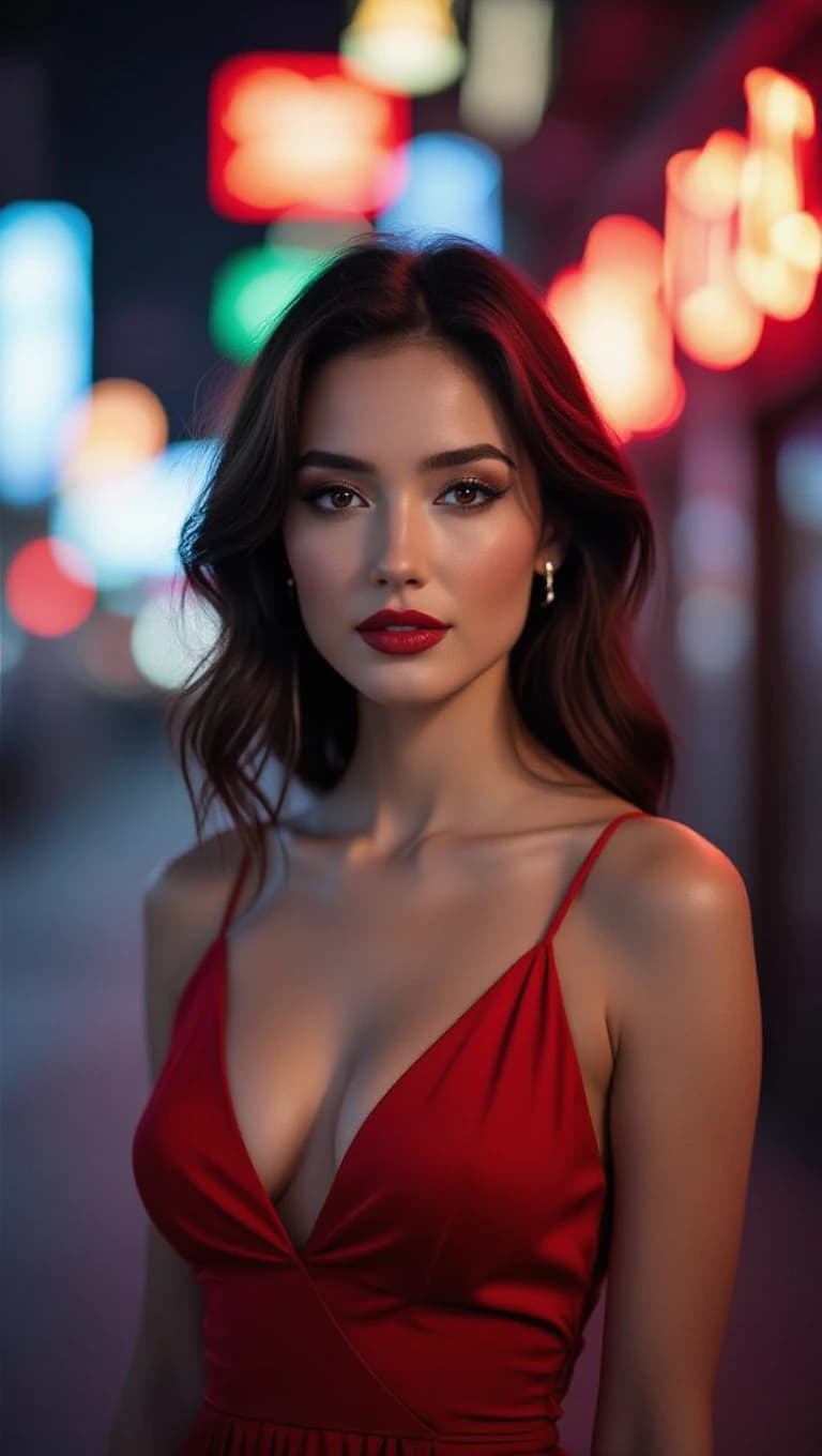 Cinematic portrait of woman in red dress under neon lights