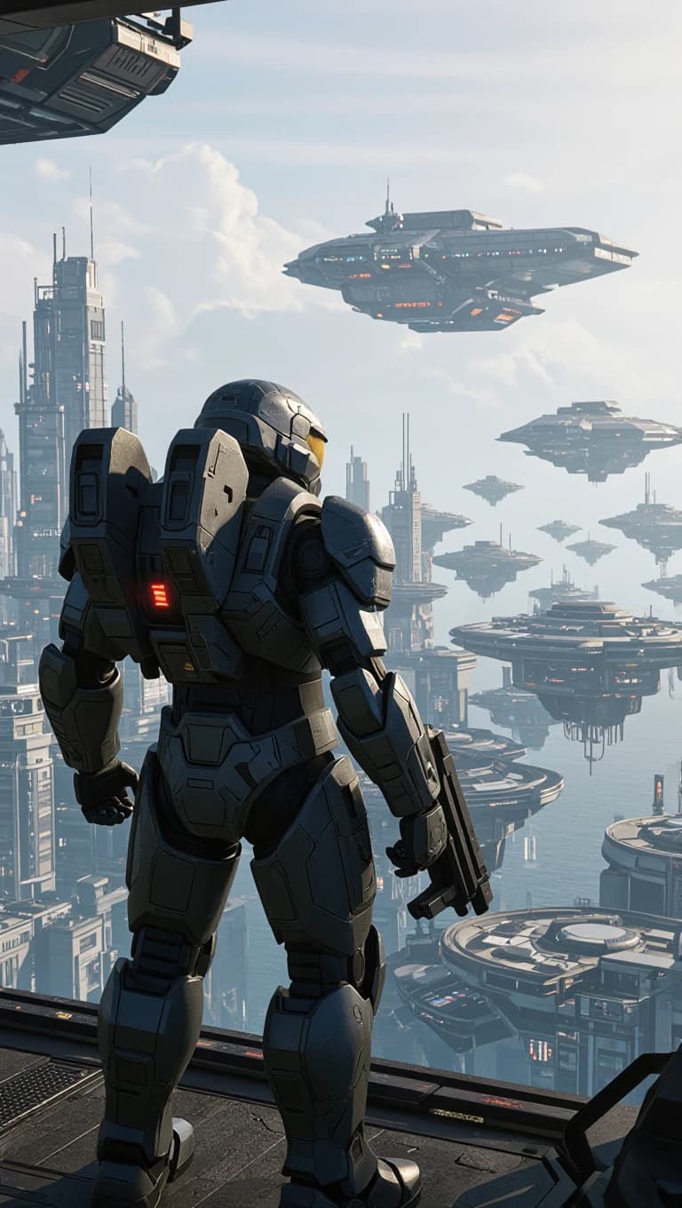 A pilot in a mech suit overlooking a city built on floating platforms