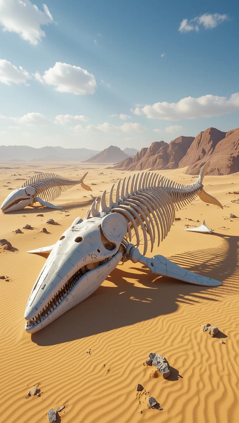 A desert where enormous whale skeletons rise from the sand like monuments