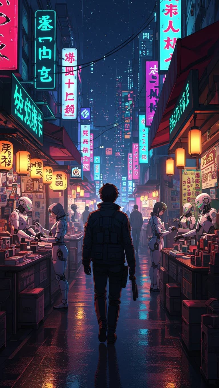 A bounty hunter walking through a neon market filled with robotic merchants