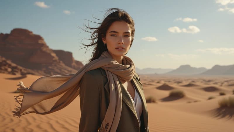 Model in desert landscape