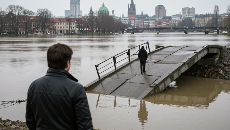 A survivor standing on a collapsed bridge looking at a flooded city