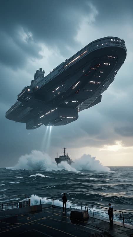 A massive alien ship hovering silently above an ocean storm
