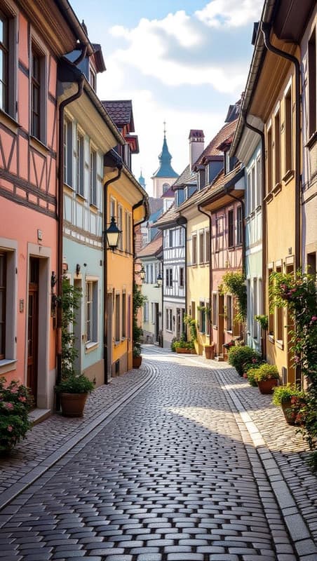 Old European street with cobblestones and pastel buildings