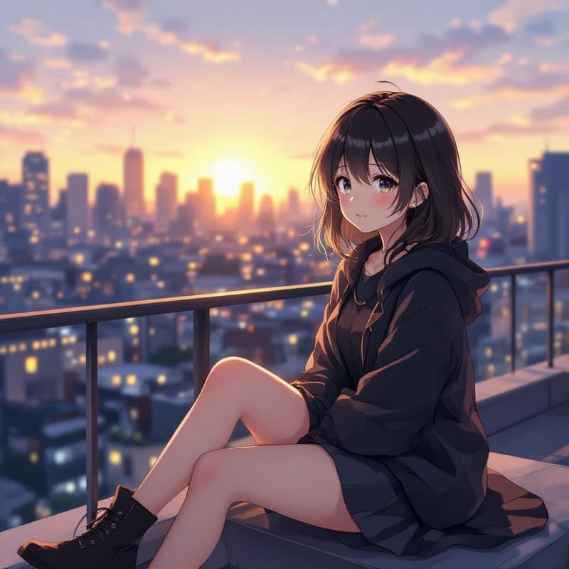 Anime girl sitting on a rooftop during golden hour