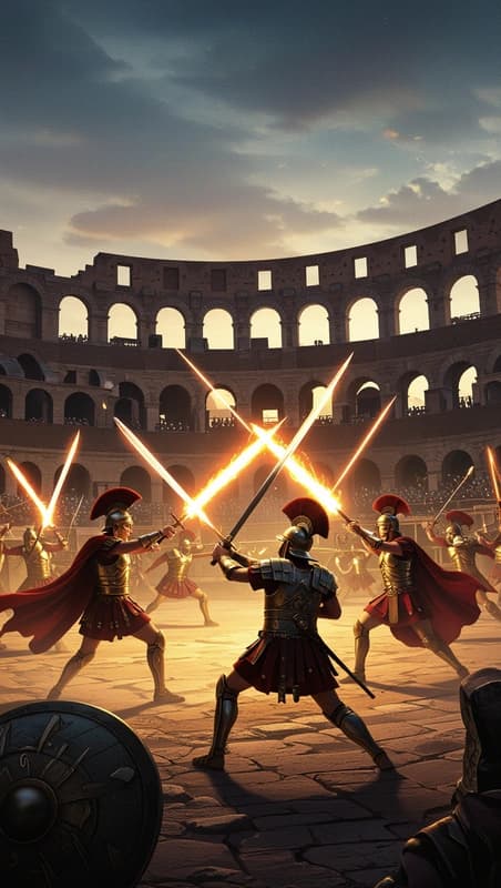 A Roman coliseum mid-battle with glowing energy weapons replacing swords