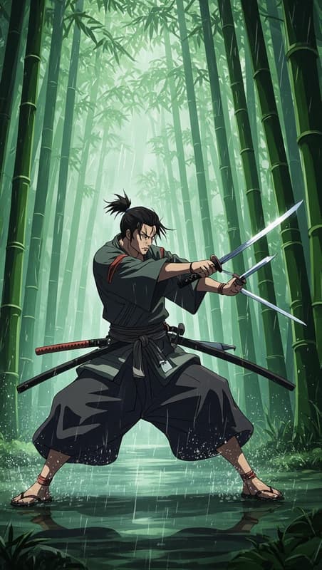 A samurai dueling in a bamboo forest during heavy rain