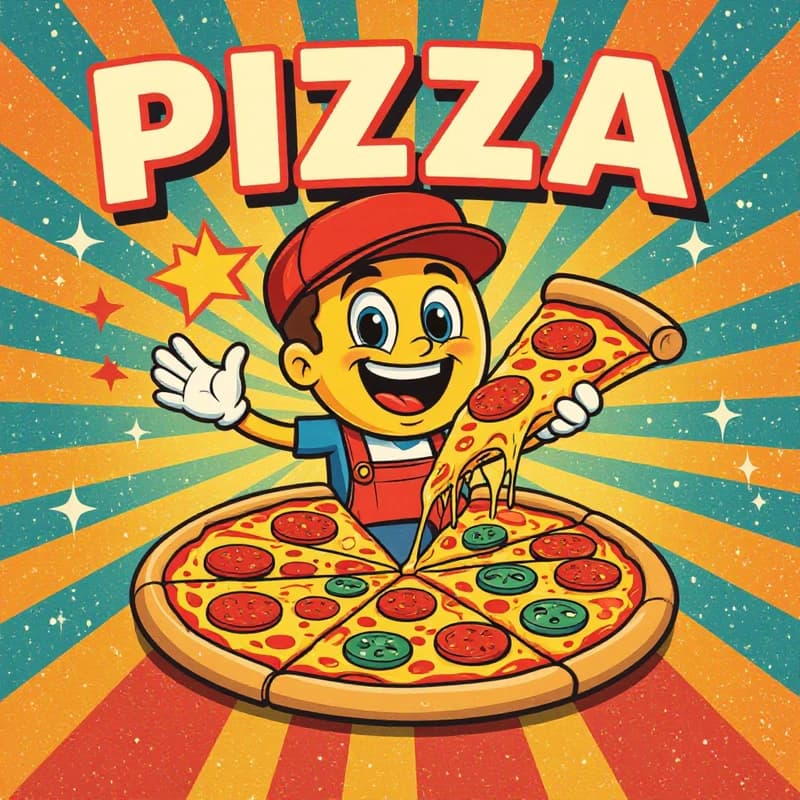 Generate an retro style advertisement for a pizza  shop in flyer form with