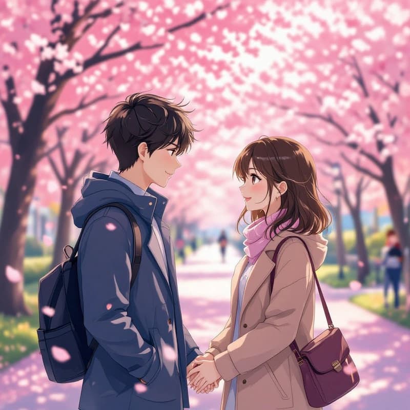 Anime couple holding hands in cherry blossom park