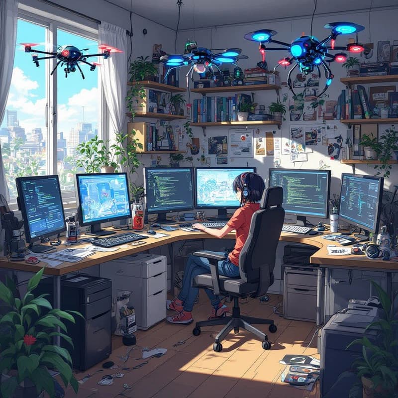 A hackers apartment filled with flickering screens and mechanical drones