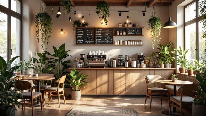 Cozy coffee shop with plants and hanging lights