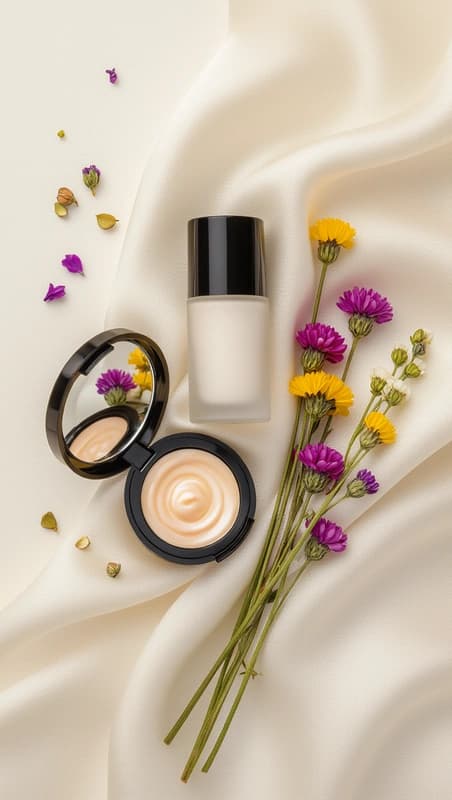 Cosmetic product flat-lay with dried flowers and silk cloth