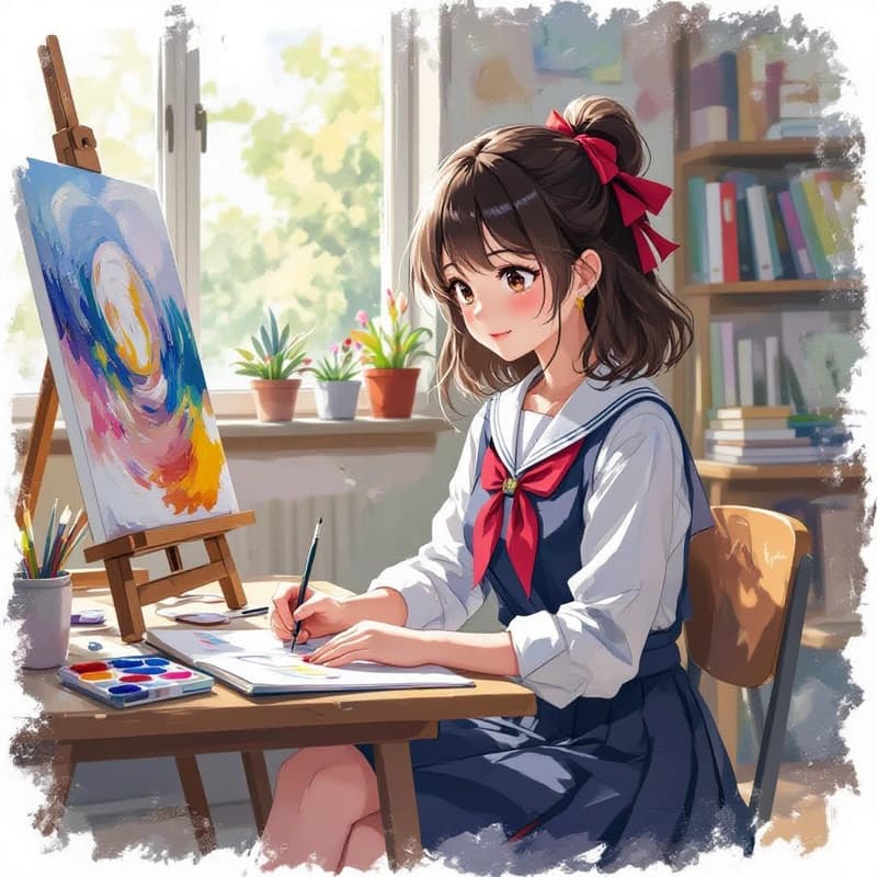 Anime schoolgirl sketching in art studio