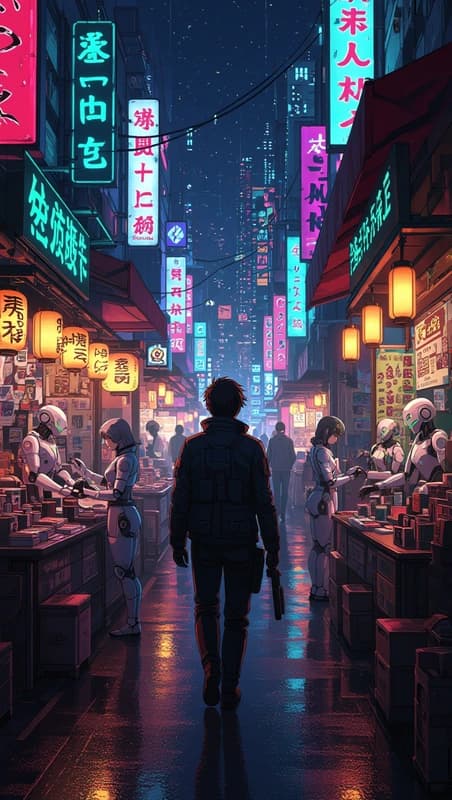 A bounty hunter walking through a neon market filled with robotic merchants